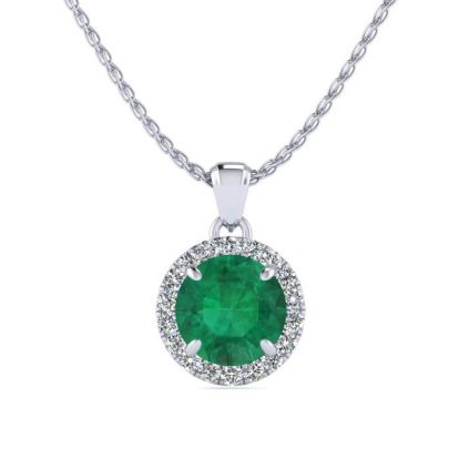 1 Carat Round Shape Emerald Necklaces With Diamond Halo In 14 Karat White Gold, 18 Inch Chain