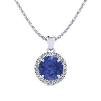 1 Carat Round Shape Tanzanite and Halo Diamond Necklace In 14 Karat White Gold