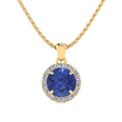 1 Carat Round Shape Tanzanite and Halo Diamond Necklace In 14 Karat Yellow Gold