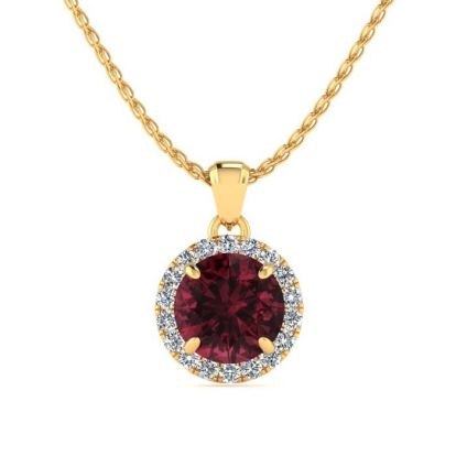 Garnet Necklace: Garnet Jewelry: 1 1/4 Carat Round Shape Garnet and Halo Diamond Necklace In 14 Karat Yellow Gold