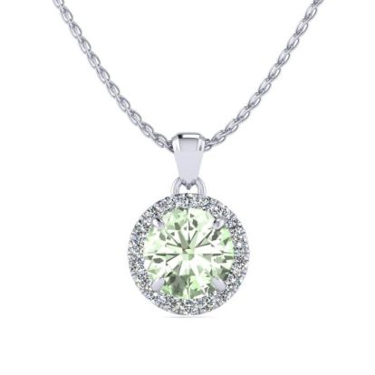3/4 Carat Round Shape Green Amethyst and Halo Diamond Necklace In 14 Karat White Gold