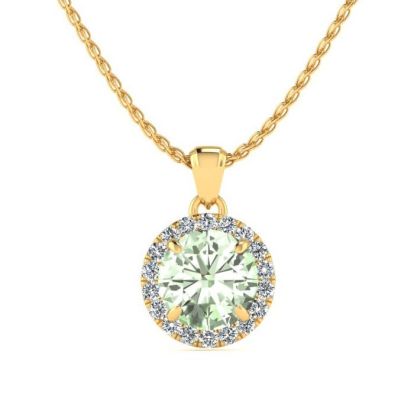 3/4 Carat Round Shape Green Amethyst and Halo Diamond Necklace In 14 Karat Yellow Gold