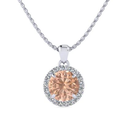 1 Carat Round Shape Morganite Necklace with Diamond Halo In 14 Karat White Gold With 18 Inch Chain