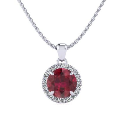 1 Carat Round Shape Ruby and Halo Diamond Necklace In 14 Karat White Gold