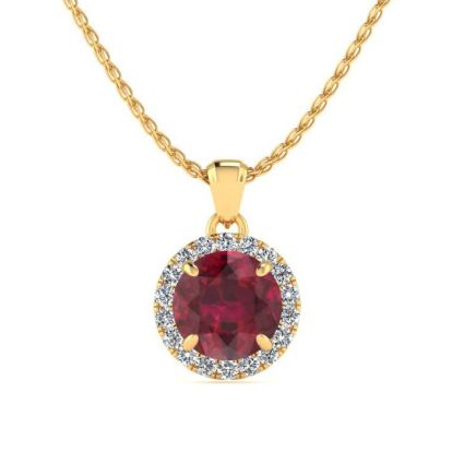1 Carat Round Shape Ruby and Halo Diamond Necklace In 14 Karat Yellow Gold