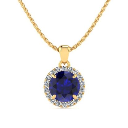 1 Carat Round Shape Sapphire and Halo Diamond Necklace In 14 Karat Yellow Gold