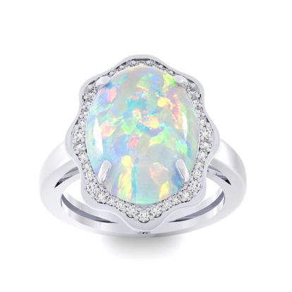 5 Carat Opal Ring with Halo Diamonds In 14 Karat White Gold