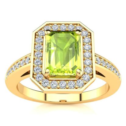 1 1/3 Carat Peridot and Halo Diamond Ring In 14 Karat Yellow Gold