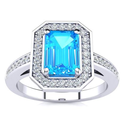 1 1/2 Carat Blue Topaz and Halo Diamond Ring In 14 Karat White Gold
