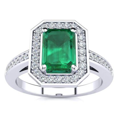 1 Carat Emerald and Halo Diamond Ring In 14 Karat White Gold