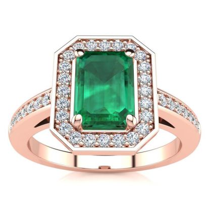 1 Carat Emerald and Halo Diamond Ring In 14 Karat Rose Gold