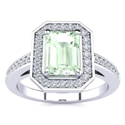 1 Carat Green Amethyst and Halo Diamond Ring In 14 Karat White Gold
