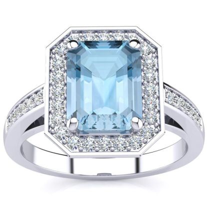 Aquamarine Ring: Aquamarine Jewelry: 1 3/4 Carat Aquamarine and Halo Diamond Ring In 14 Karat White Gold