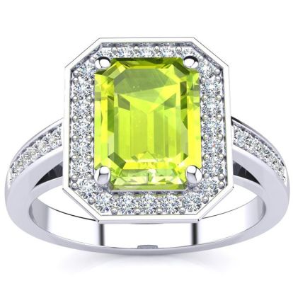 3 Carat Peridot and Halo Diamond Ring In 14 Karat White Gold