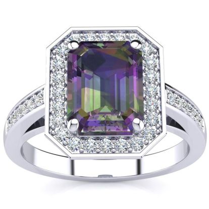 2-1/2 Carat Octagon Shape Mystic Topaz Ring With Diamond Halo In 14 Karat White Gold