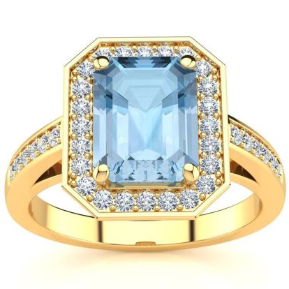 Aquamarine Ring: Aquamarine Jewelry: 2 1/2 Carat Aquamarine and Halo Diamond Ring In 14 Karat Yellow Gold