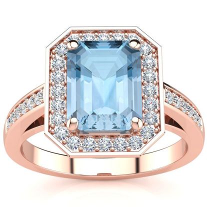 Aquamarine Ring: Aquamarine Jewelry: 2 1/2 Carat Aquamarine and Halo Diamond Ring In 14 Karat Rose Gold