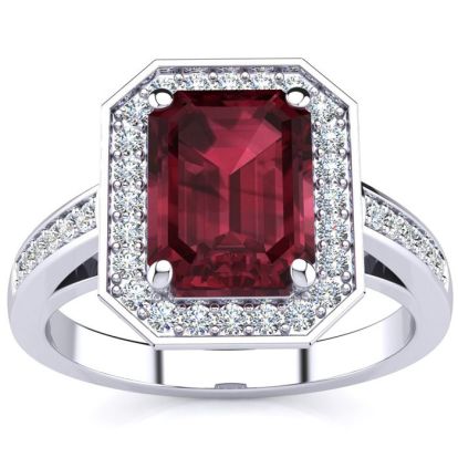 Garnet Ring: Garnet Jewelry: 3 Carat Garnet and Halo Diamond Ring In 14 Karat White Gold