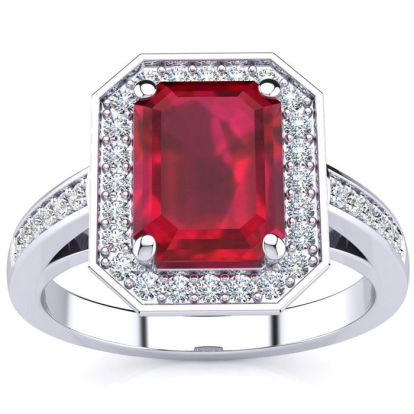 3 1/3 Carat Ruby and Halo Diamond Ring In 14 Karat White Gold