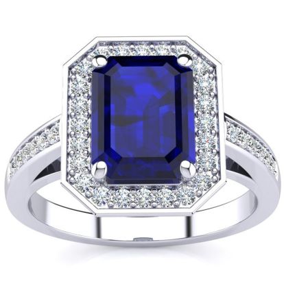 3 1/3 Carat Sapphire and Halo Diamond Ring In 14 Karat White Gold