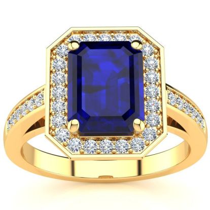 3 1/3 Carat Sapphire and Halo Diamond Ring In 14 Karat Yellow Gold