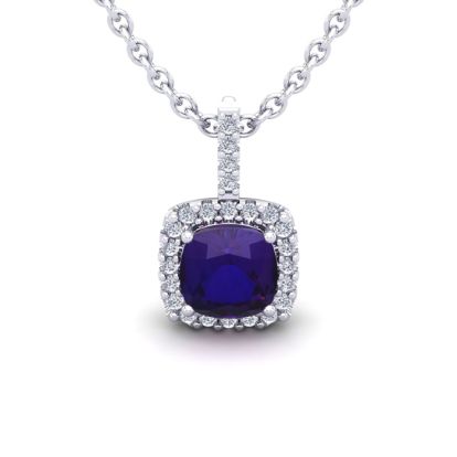 1 Carat Cushion Cut Amethyst and Halo Diamond Necklace In 14 Karat White Gold, 18 Inches