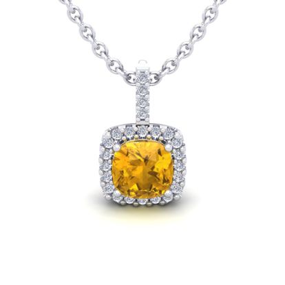 1 Carat Cushion Cut Citrine and Halo Diamond Necklace In 14 Karat White Gold, 18 Inches

