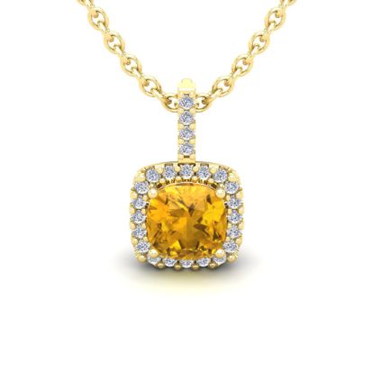 1 Carat Cushion Cut Citrine and Halo Diamond Necklace In 14 Karat Yellow Gold, 18 Inches