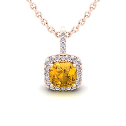1 Carat Cushion Cut Citrine and Halo Diamond Necklace In 14 Karat Rose Gold, 18 Inches