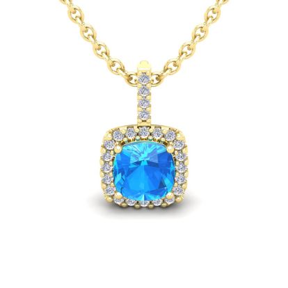 1 1/4 Carat Cushion Cut Blue Topaz and Halo Diamond Necklace In 14 Karat Yellow Gold, 18 Inches