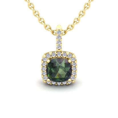 1-1/3 Carat Cushion Shape Mystic Topaz Necklace With Diamond Halo In 14 Karat Yellow Gold, 18 Inches