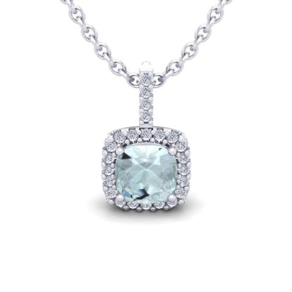 Aquamarine Necklace: Aquamarine Jewelry: 1 Carat Cushion Cut Aquamarine and Halo Diamond Necklace In 14 Karat White Gold, 18 Inches
