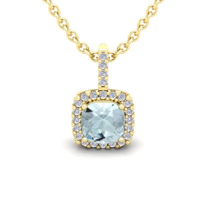Aquamarine Necklace: Aquamarine Jewelry: 1 Carat Cushion Cut Aquamarine and Halo Diamond Necklace In 14 Karat Yellow Gold, 18 Inches