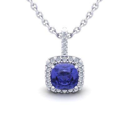 1 Carat Cushion Cut Tanzanite and Halo Diamond Necklace In 14 Karat White Gold, 18 Inches