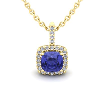 1 Carat Cushion Cut Tanzanite and Halo Diamond Necklace In 14 Karat Yellow Gold, 18 Inches