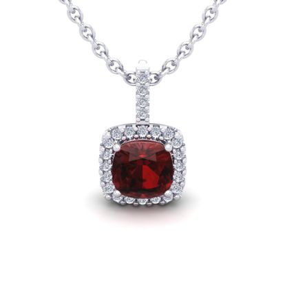 Garnet Necklace: Garnet Jewelry: 1 1/4 Carat Cushion Cut Garnet and Halo Diamond Necklace In 14 Karat White Gold, 18 Inches