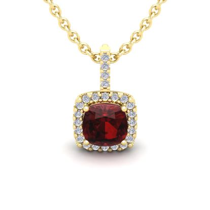 Garnet Necklace: Garnet Jewelry: 1 1/4 Carat Cushion Cut Garnet and Halo Diamond Necklace In 14 Karat Yellow Gold, 18 Inches