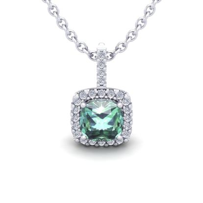 1 Carat Cushion Cut Green Amethyst and Halo Diamond Necklace In 14 Karat White Gold, 18 Inches