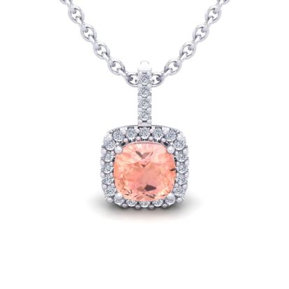 1 Carat Cushion Shape Morganite Necklace with Diamond Halo In 14 Karat White Gold With 18 Inch Chain