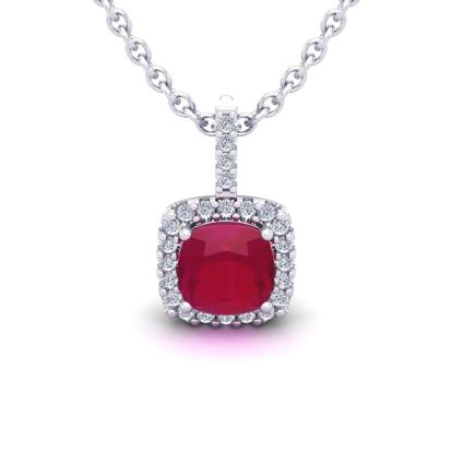 1 1/2 Carat Cushion Cut Ruby and Halo Diamond Necklace In 14 Karat White Gold, 18 Inches