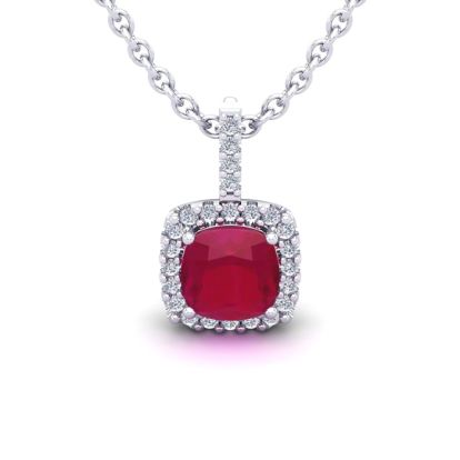 1 1/2 Carat Cushion Cut Ruby and Halo Diamond Necklace In 14 Karat White Gold, 18 Inches