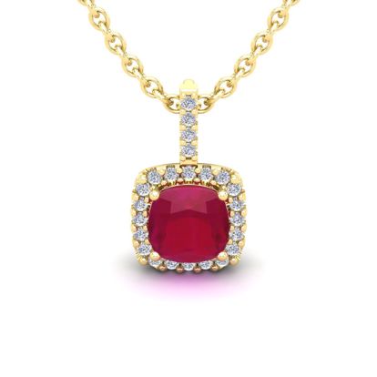 1 1/2 Carat Cushion Cut Ruby and Halo Diamond Necklace In 14 Karat Yellow Gold, 18 Inches