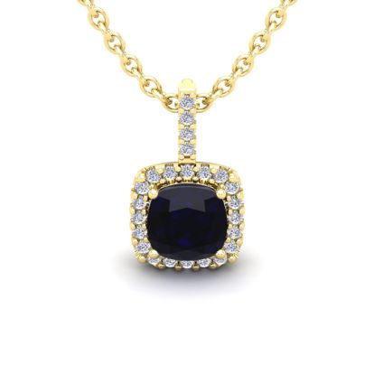 1 1/4 Carat Cushion Cut Sapphire and Halo Diamond Necklace In 14 Karat Yellow Gold, 18 Inches