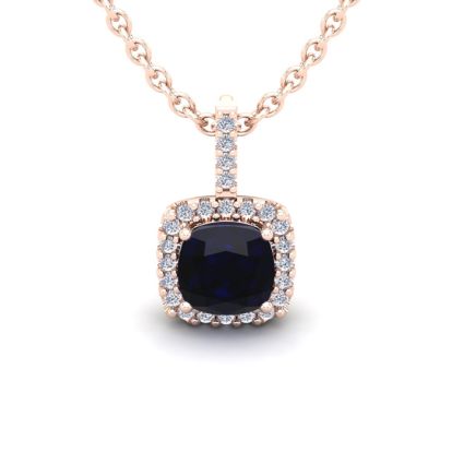 1 1/4 Carat Cushion Cut Sapphire and Halo Diamond Necklace In 14 Karat Rose Gold, 18 Inches