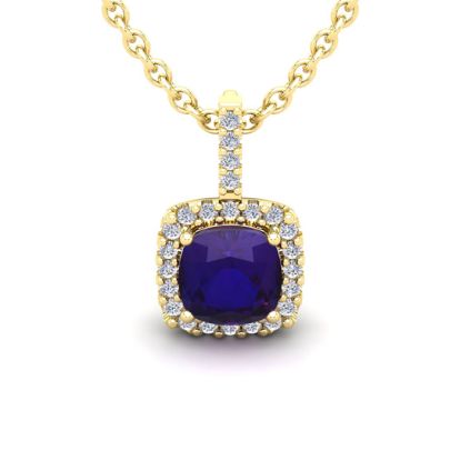 1 3/4 Carat Cushion Cut Amethyst and Halo Diamond Necklace In 14 Karat Yellow Gold, 18 Inches