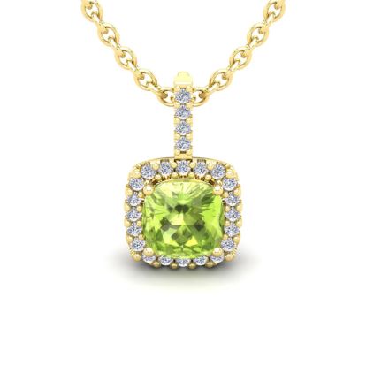 1 3/4 Carat Cushion Cut Peridot and Halo Diamond Necklace In 14 Karat Yellow Gold, 18 Inches