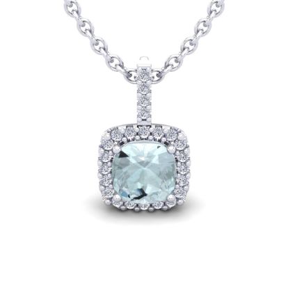 Aquamarine Necklace: Aquamarine Jewelry: 1 3/4 Carat Cushion Cut Aquamarine and Halo Diamond Necklace In 14 Karat White Gold, 18 Inches