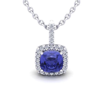 1 3/4 Carat Cushion Cut Tanzanite and Halo Diamond Necklace In 14 Karat White Gold, 18 Inches