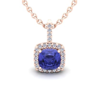 1 3/4 Carat Cushion Cut Tanzanite and Halo Diamond Necklace In 14 Karat Rose Gold, 18 Inches