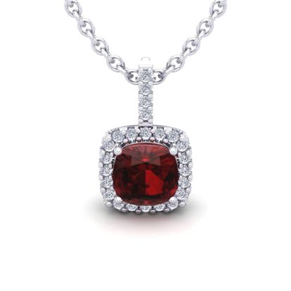 Garnet Necklace: Garnet Jewelry: 1 3/4 Carat Cushion Cut Garnet and Halo Diamond Necklace In 14 Karat White Gold, 18 Inches